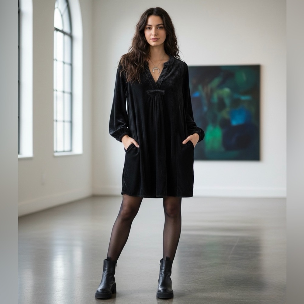 Easel Luxe Black Velvet Oversized Tunic Dress Whimsigoth Boho Witchy Goth Mini